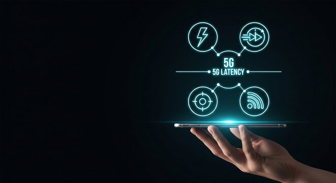 5G latency technology concept with glowing digital icons, high speed internet connection on smartphone, mobile network communication interface