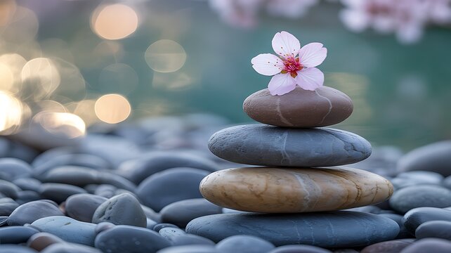Balanced zen stones with pink blossom flower on peaceful spa background