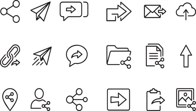 Set of 15 share vector icons. creative communication or social media thin line signs.