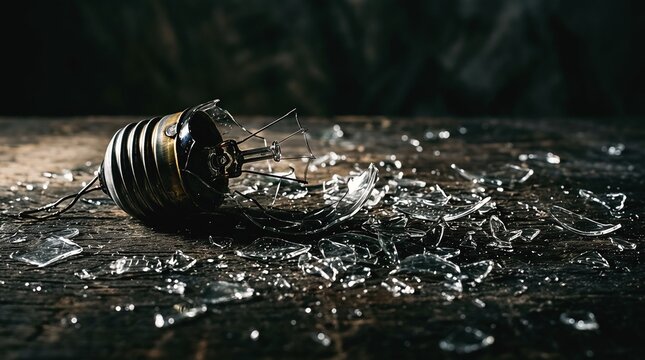 Shattered light bulb on dark rustic wood surface
