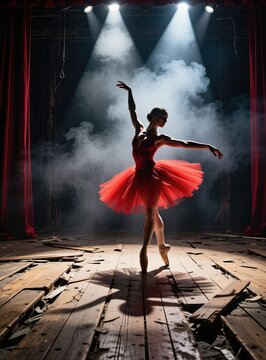 Ballerina in red tutu dances gracefully on dilapidated wooden stage. Spotlight shines through smoke creating dramatic atmosphere. Elegant female performer executes classical ballet pose on broken