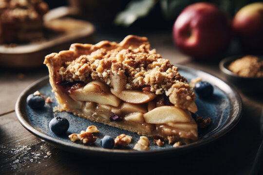A slice of bay leaf pie filled with apples, brown sugar, and nut crumble sits on a plate. The wooden table features fresh fruit and nuts around it. Dessert time is here