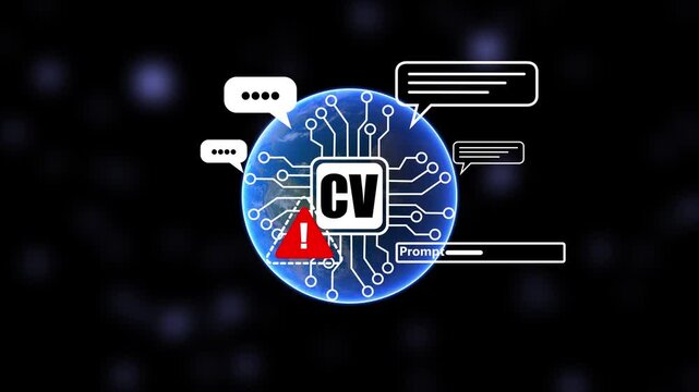 AI CV Resume Analysis Interface Animation with Earth Background, Artificial Intelligence Recruitment, Resume Screening, Prompt Input, Chat Assistant and Smart Hiring Technology 4k video animation.