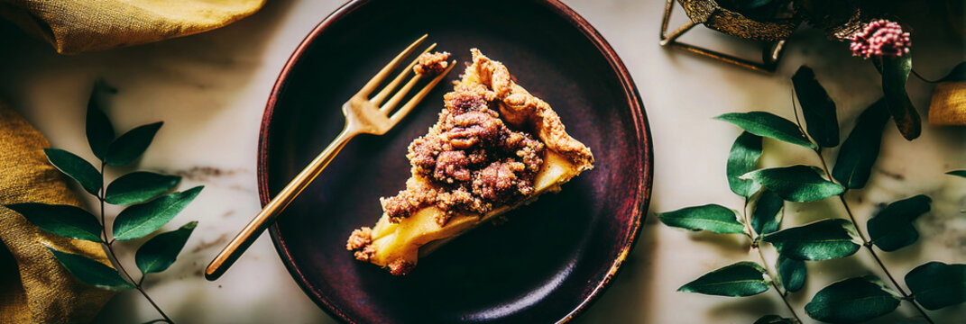 A bay leaf pie with apples and nut crumble sits on a table alongside a cup of coffee. The warm light fills the cozy kitchen as the afternoon sun shines through the window