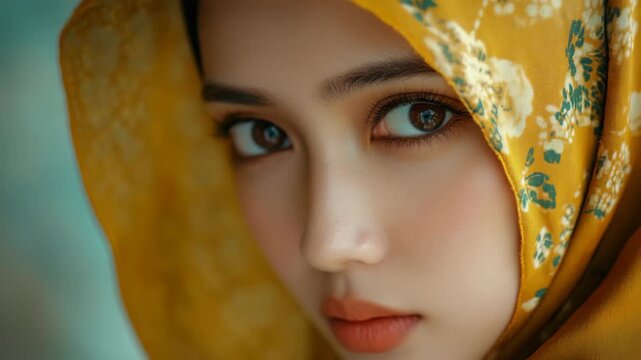 Close-up portrait of a woman wearing a yellow patterned headscarf. Her eyes look directly at the camera with gentle intensity. Soft lighting highlights her natural makeup and serene expression