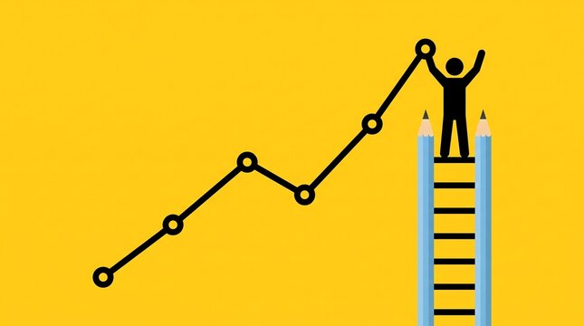 A small stick figure person stands atop a tall pencil ladder reaching towards the highest point of a rising financial growth chart on yellow background