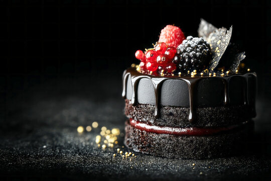 A chocolate cake sits in a local bakery, topped with smooth chocolate cream and glossy berry glaze. Fresh berries decorate the cake, shining in the evening light