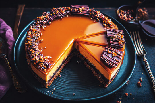A caramel cake sits on a plate in a kitchen. It has a smooth texture and a shiny glaze. A slice is cut out, showing layers inside the cake. This is seen in evening light