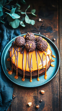 A caramel cake sits on a plate in a kitchen. It has a smooth texture and a shiny glaze. A slice is cut out, showing layers inside the cake. This is seen in evening light