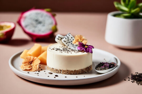 A cheesecake sits on a plain white plate. It has a glossy marble finish and is topped with fresh berries and mango. This dessert is served at a cafe during the afternoon