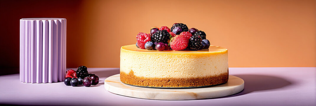 A lemon cheesecake sits on a white plate. The cake features a glossy marble finish and is topped with fresh berries and cherries. A green plant adds a hint of nature