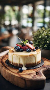 A creamy cheesecake with a glossy marble finish sits on a plate. Fresh berries are placed on top. This dessert is part of an afternoon tea setting with natural light