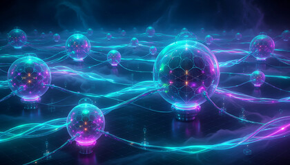 Obraz premium Glowing futuristic network of connected digital spheres
