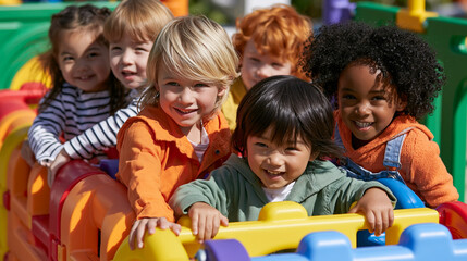 Fototapeta premium Kids at Play: Smiling, Multicultural Childhood Adventures at a Colorful Playground