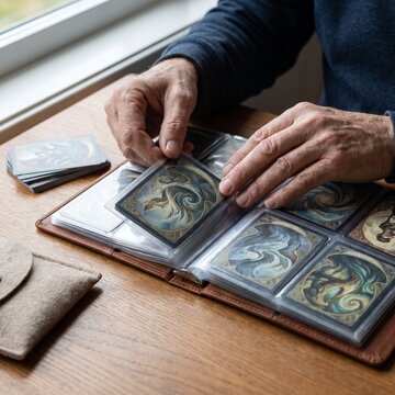 Hands sorting fantasy trading cards into a collector album hobby