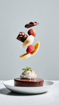 A chocolate dessert with a shiny glaze sits above a bowl. Fruits are sliced and arranged around the dessert. The setting has a light gray background and shares a fun, dynamic look