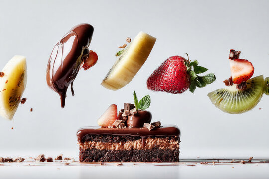 A chocolate dessert with a shiny glaze sits above a bowl. Fruits are sliced and arranged around the dessert. The setting has a light gray background and shares a fun, dynamic look