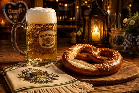 Foamy beer mug, soft pretzel, trachten scarf placemat on rustic table, Oktoberfest celebration.