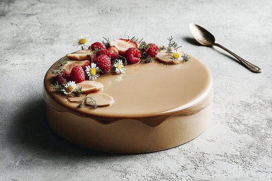 Chocolate dessert features a shiny mirror glaze and displays fresh fruits like lemons and raspberries arranged with greenery. A slice is removed on a silver plate