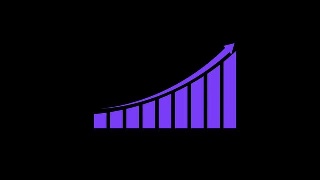 Purple Business Growth Bar Chart with Upward Curved Arrow Animation on Black Background Seamless Loop Motion Graphics