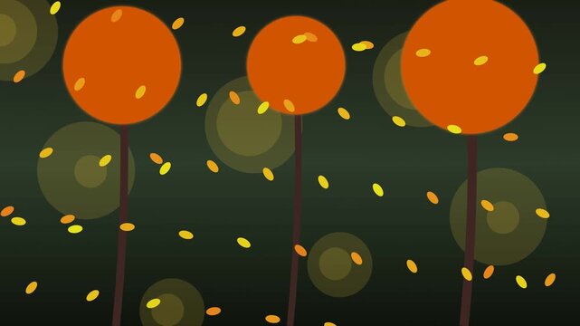 Abstract autumn forest animation with falling leaves on dark background
