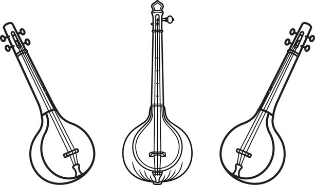 Three identical line art illustrations of a traditional Middle Eastern string instrument, showcasing different angles and a clean design.