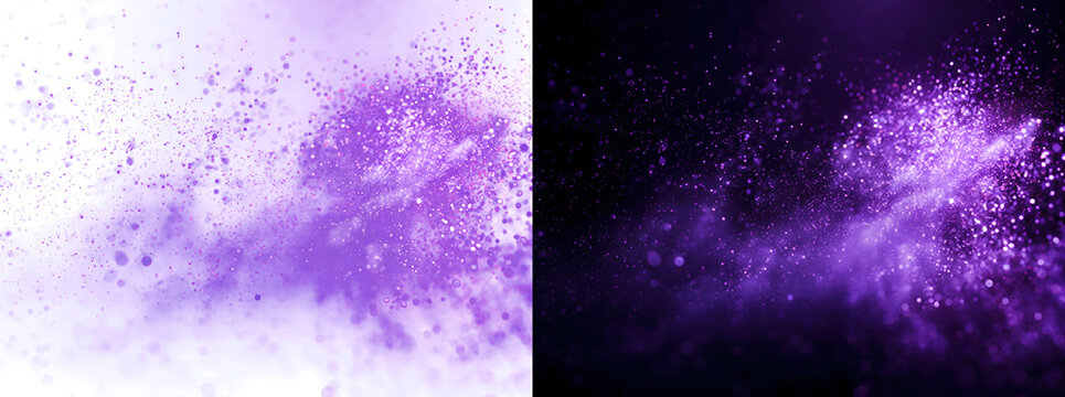 Glitter purple glowing particle cloud explosion with luminous dust effect for creative visuals PNG, Transparent and Black Background Versions