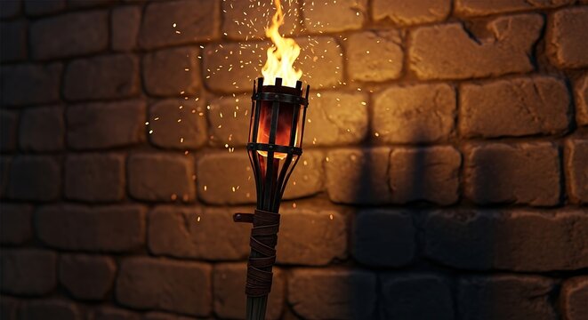 Burning Medieval Torch Glowing Against Rustic Stone Wall