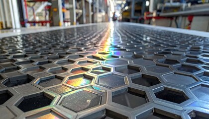 Naklejka premium Hexagonal Metal Grid with Rainbow Reflection - Industrial Design.