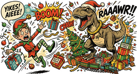 Funny retro comic vector illustration with angry Christmas dinosaur destroying toys and scaring a helper el © Mohammad