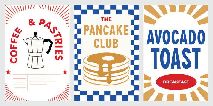 Retro coffee pancake and avocado toast posters set, vintage breakfast menu and diner wall art vector illustration.