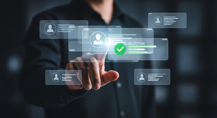 Fototapeta premium Human resources recruitment technology, businessman selecting candidate on virtual screen, HR talent acquisition process