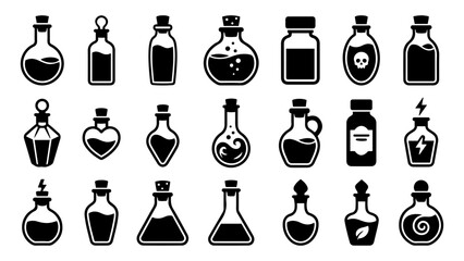 Collection of magic potion bottles and chemical flasks in a flat black and white vector style © QuickDesign24