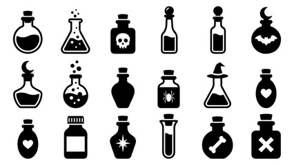 Set of magic potion bottles and laboratory flasks icons in a flat black silhouette vector style © QuickDesign24