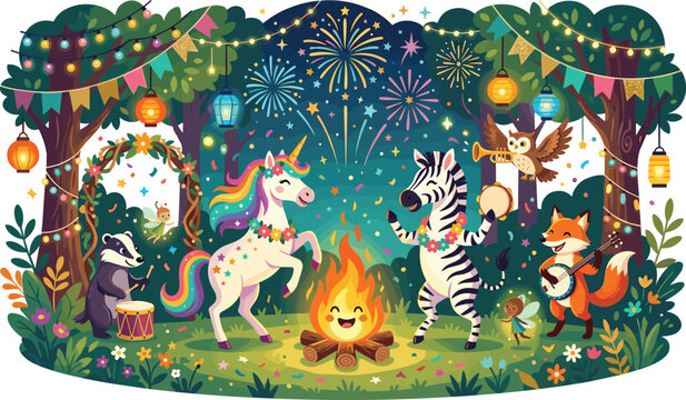 Magical forest party vector illustration with cute cartoon unicorn zebra and woodland animals celebrating by campfiree