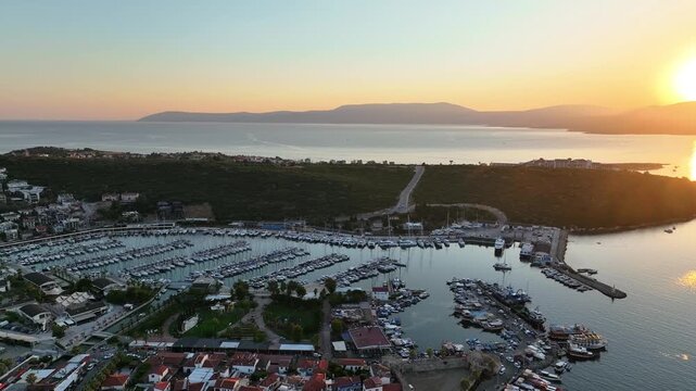 Sunset Over Sığacık, Teos Marina and Fishing Village, İzmir, Turkey &ndash; Cinematic Drone Aerial View | 4K