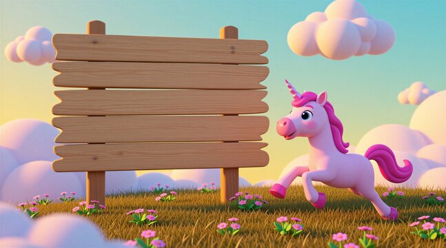 Pink cartoon unicorn trots across grassy field near wooden sign. Whimsical clouds float in pastel sky. Magical creature ready for fantasy adventure. Copy space on board.