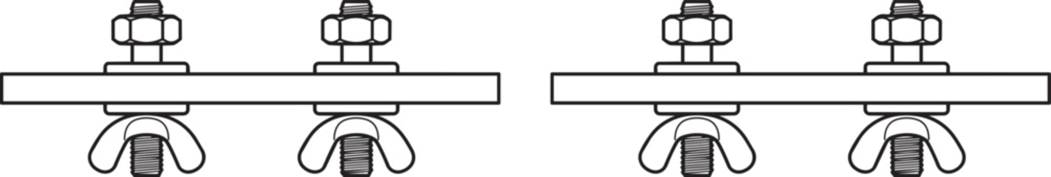 Two sets of metal brackets with bolts nuts and wing nuts for mounting or fastening, securing objects with hardware.