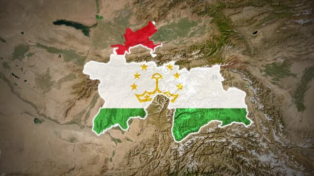 Tajikistan Map Filled with National Flag on Detailed Satellite Earth Background.
Tajik Flag Inside Country Border on Satellite Map.