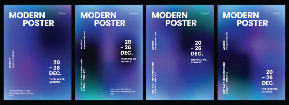 Four professional modern event poster templates featuring vibrant blue and purple blurred gradient backgrounds with clean white typography layout designs