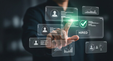 Fototapeta premium Online recruitment and digital hiring process, businessman selecting candidate profile on virtual screen, HR technology concept