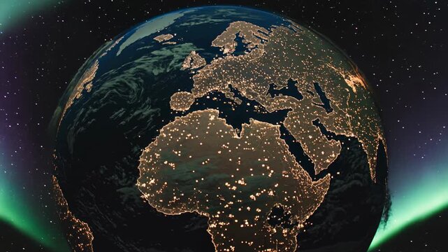 Spectacular orbital journey revealing illuminated continents, colorful auroras and breathtaking planetary beauty from space perspective
