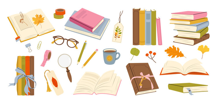 Book collection in flat vector style with open and closed books, bookmarks, stationery and autumn leaves. Reading and education objects isolated on white background.