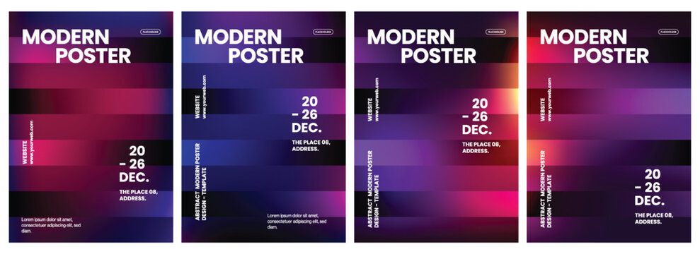 Four vibrant vertical modern poster templates featuring smooth gradient backgrounds with bold typography and organized clean layouts for professional events