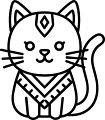 Cute Cat Illustration Line Art, Stylized Feline Character with Tribal Pattern Detail © kumara