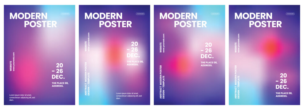 Four modern vertical posters featuring vibrant holographic gradients with bold white typography and placeholder text for professional event marketing layouts