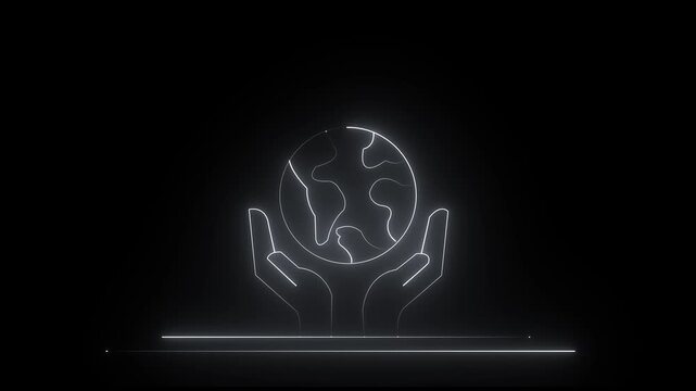Glowing white neon line Human hands holding Earth globe icon isolated animation. Animated vector illustration of hand and moving globe