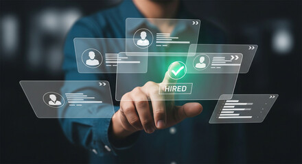 Fototapeta premium Human resources recruitment technology, HR manager selecting candidate profile on virtual screen, hiring process and talent acquisition concept