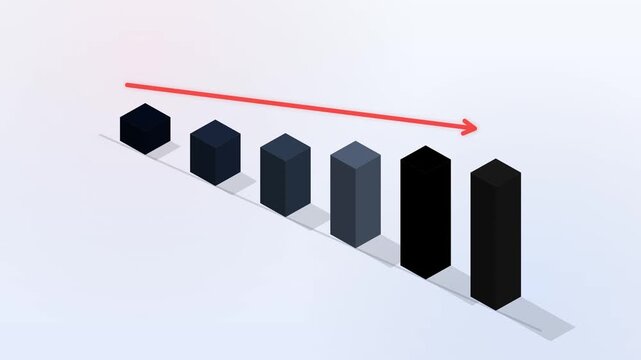 Isometric 3D Descending Bar Chart Infographic Element with Dark Grey Columns and Red Arrow on Light Background