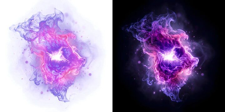 Magic Fire dual purple blue swirling flame with glowing white core and wispy smoke trails suited for creative overlays available in PNG, Transparent and Black Background Versions for digital design